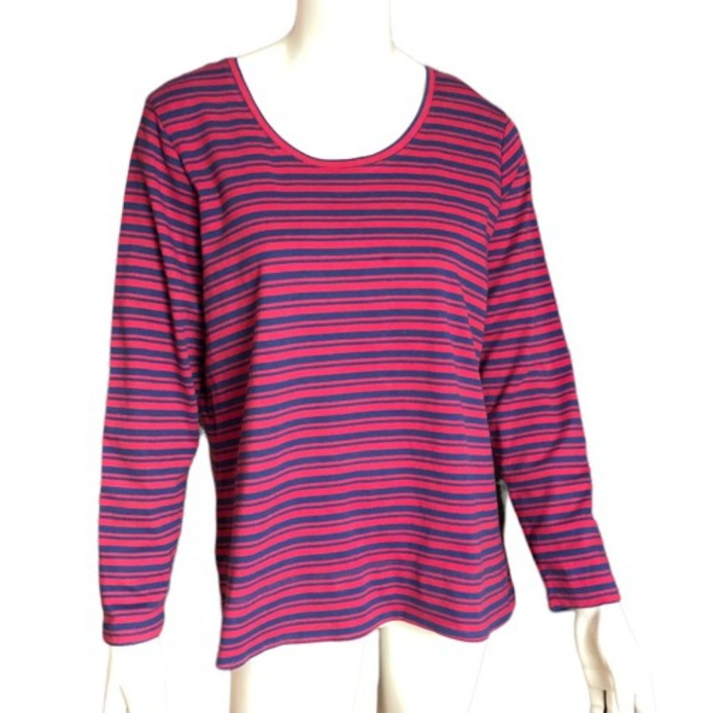 LL Bean Red & Navy Striped Long Sleeve Tee | 100% Cotton, XL Petite